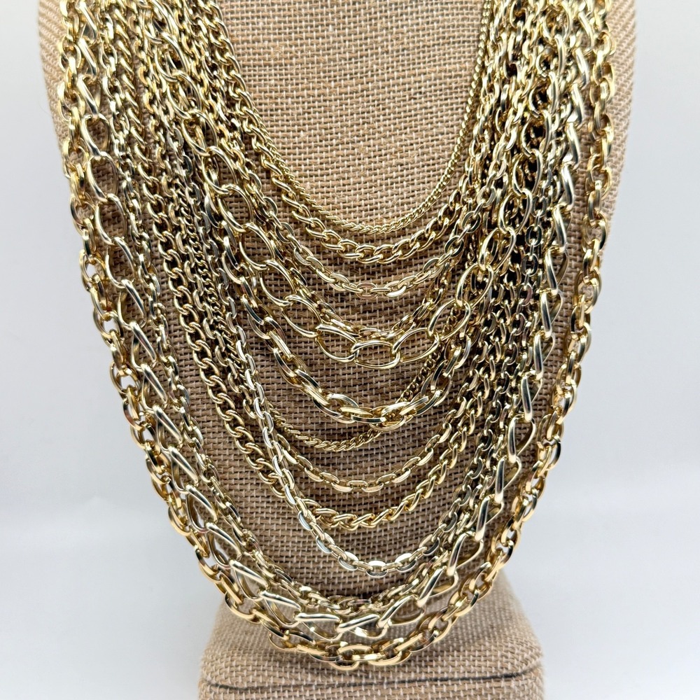 Vintage Retro Western Germany Multi 13 Strand Gold Tone Layered Bib Necklace 16"